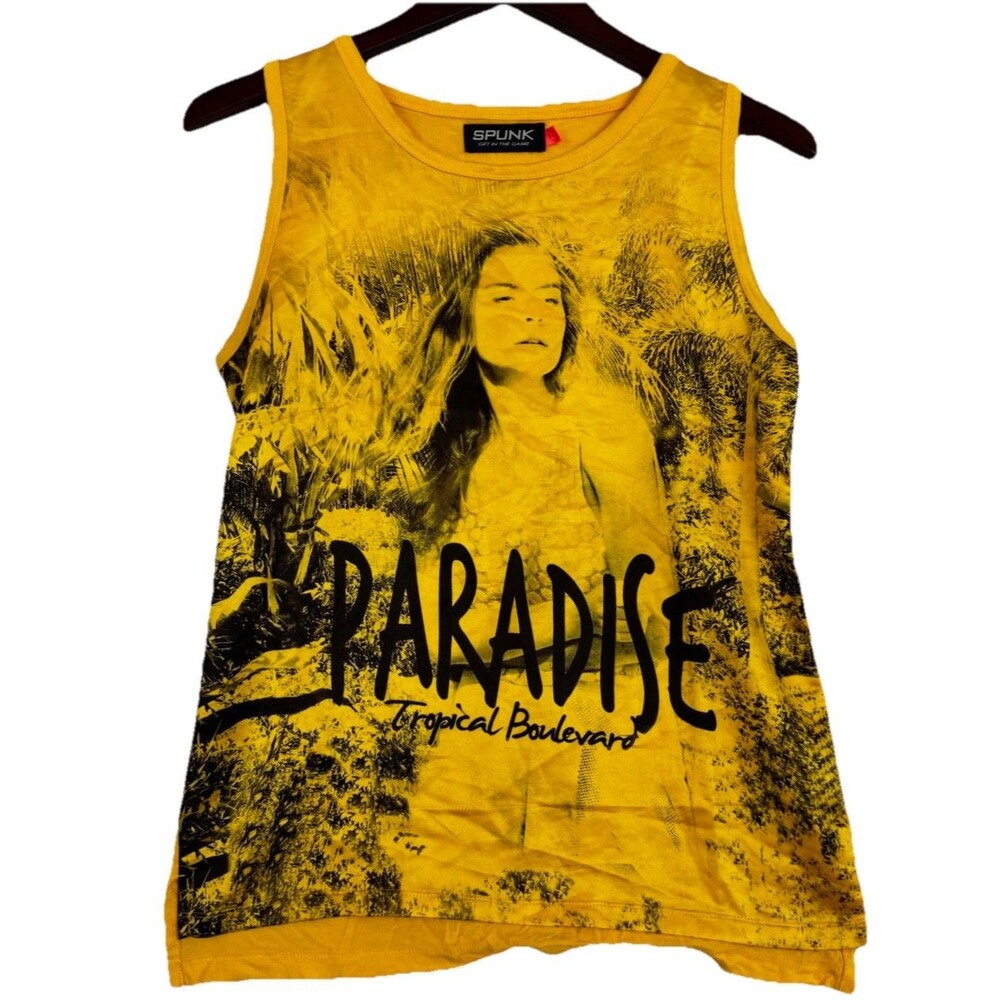 Spunk Paradise Tropical Boulevard Yellow Graphic Tank Top Women’s Large